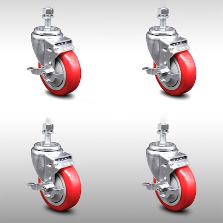 Service Caster 4 Inch SS Red Polyurethane Wheel Swivel 1/2 Inch Threaded Stem Caster Set Brake SCC-SSTS20S414-PPUB-RED-TLB-121315-4